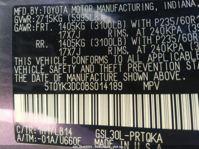 Photo 8 VIN: 5TDYK3DC0BS014189 - TOYOTA SIENNA 