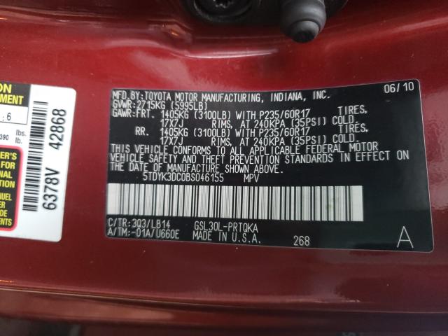 Photo 9 VIN: 5TDYK3DC0BS046155 - TOYOTA SIENNA XLE 