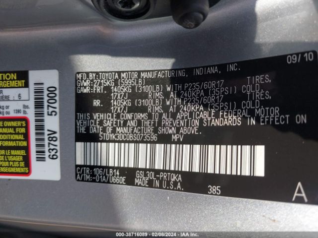 Photo 8 VIN: 5TDYK3DC0BS073596 - TOYOTA SIENNA 