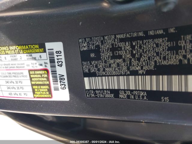 Photo 8 VIN: 5TDYK3DC0BS078734 - TOYOTA SIENNA 