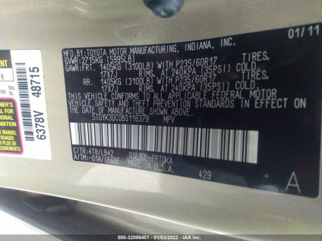 Photo 8 VIN: 5TDYK3DC0BS116379 - TOYOTA SIENNA 