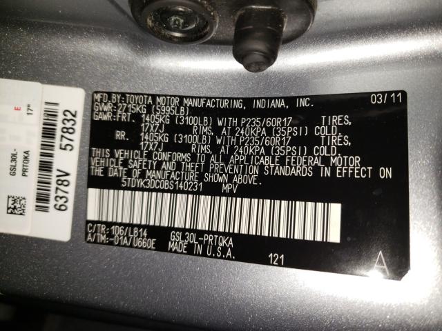 Photo 9 VIN: 5TDYK3DC0BS140231 - TOYOTA SIENNA XLE 