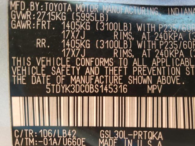 Photo 9 VIN: 5TDYK3DC0BS145316 - TOYOTA SIENNA XLE 