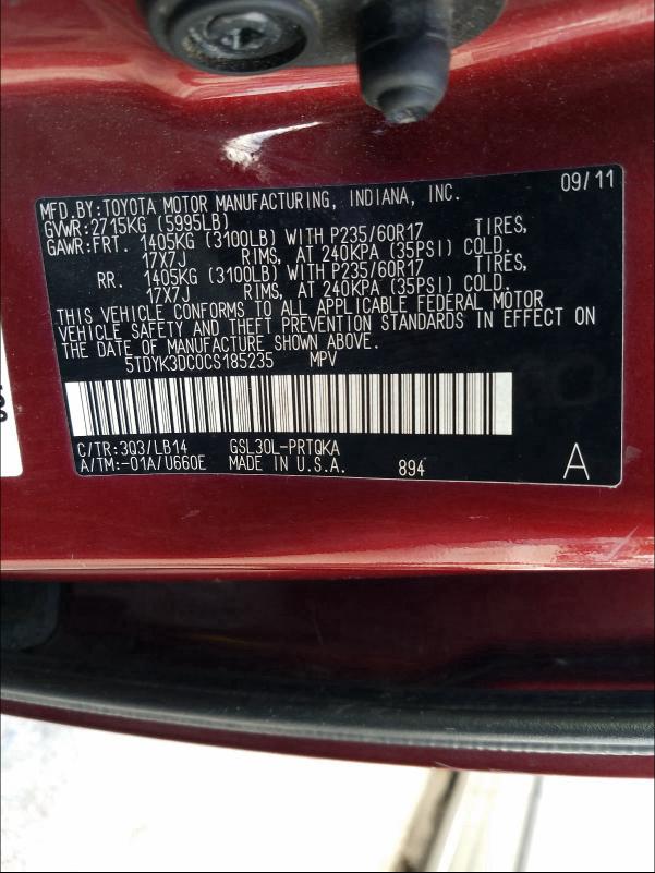 Photo 9 VIN: 5TDYK3DC0CS185235 - TOYOTA SIENNA XLE 