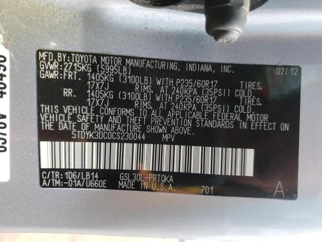 Photo 9 VIN: 5TDYK3DC0CS230044 - TOYOTA SIENNA XLE 