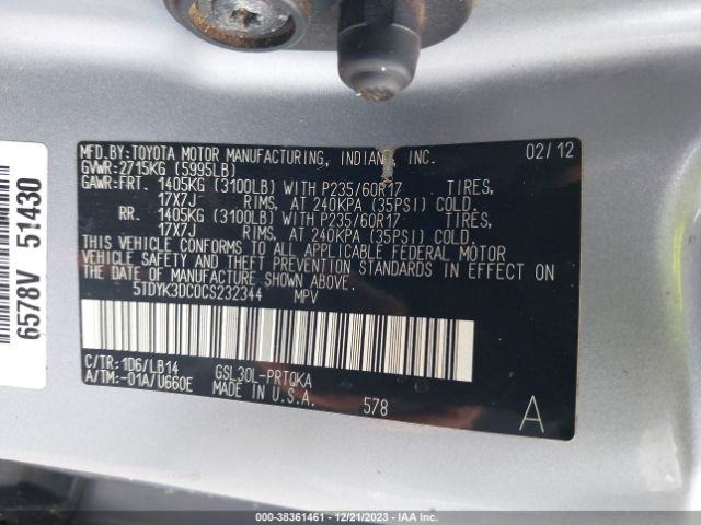 Photo 8 VIN: 5TDYK3DC0CS232344 - TOYOTA SIENNA 