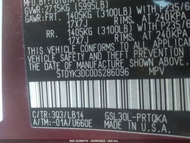 Photo 8 VIN: 5TDYK3DC0DS286096 - TOYOTA SIENNA 