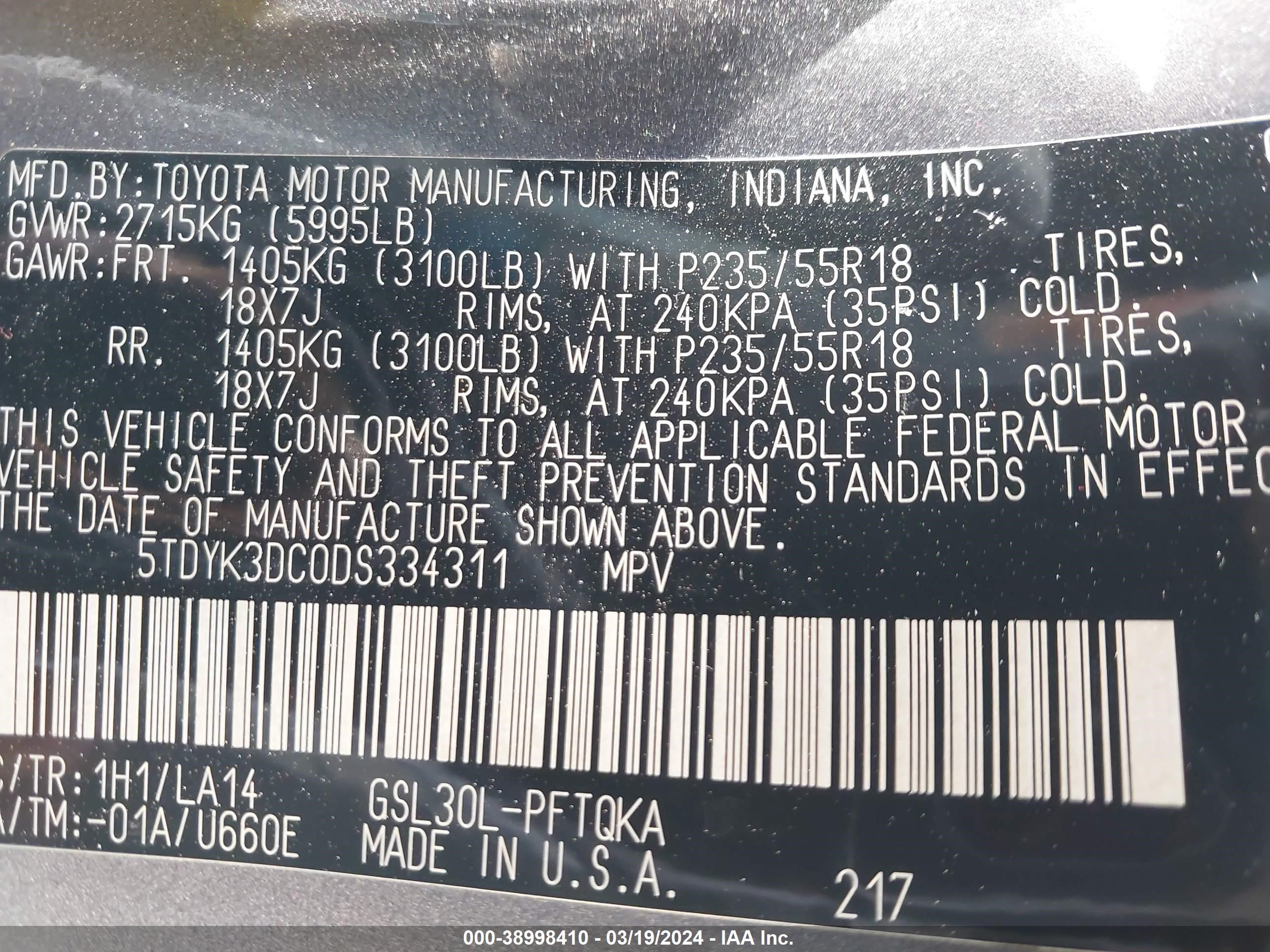 Photo 8 VIN: 5TDYK3DC0DS334311 - TOYOTA SIENNA 