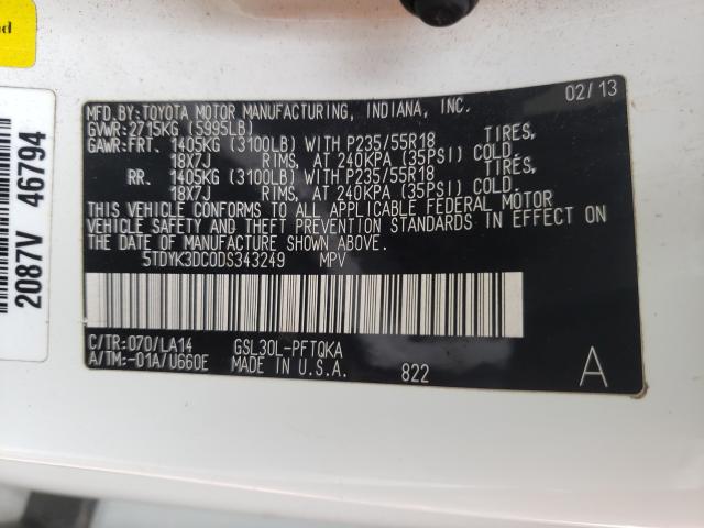 Photo 9 VIN: 5TDYK3DC0DS343249 - TOYOTA SIENNA XLE 