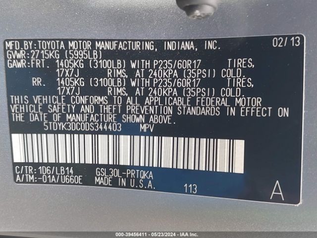 Photo 8 VIN: 5TDYK3DC0DS344403 - TOYOTA SIENNA 