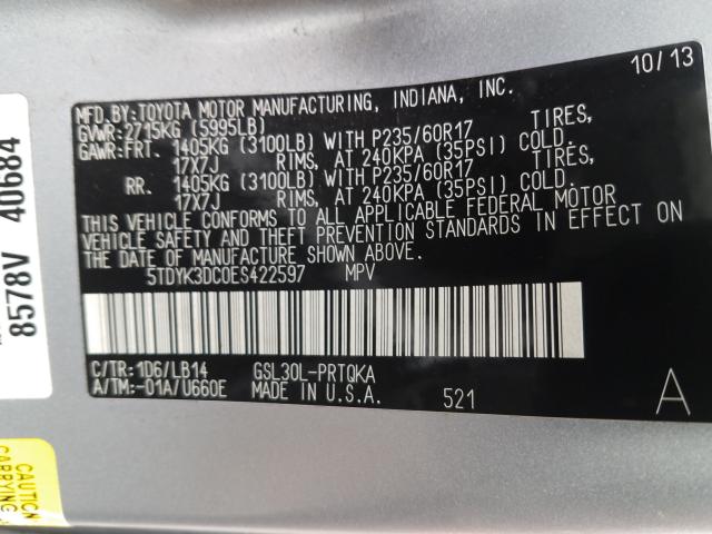 Photo 9 VIN: 5TDYK3DC0ES422597 - TOYOTA SIENNA 