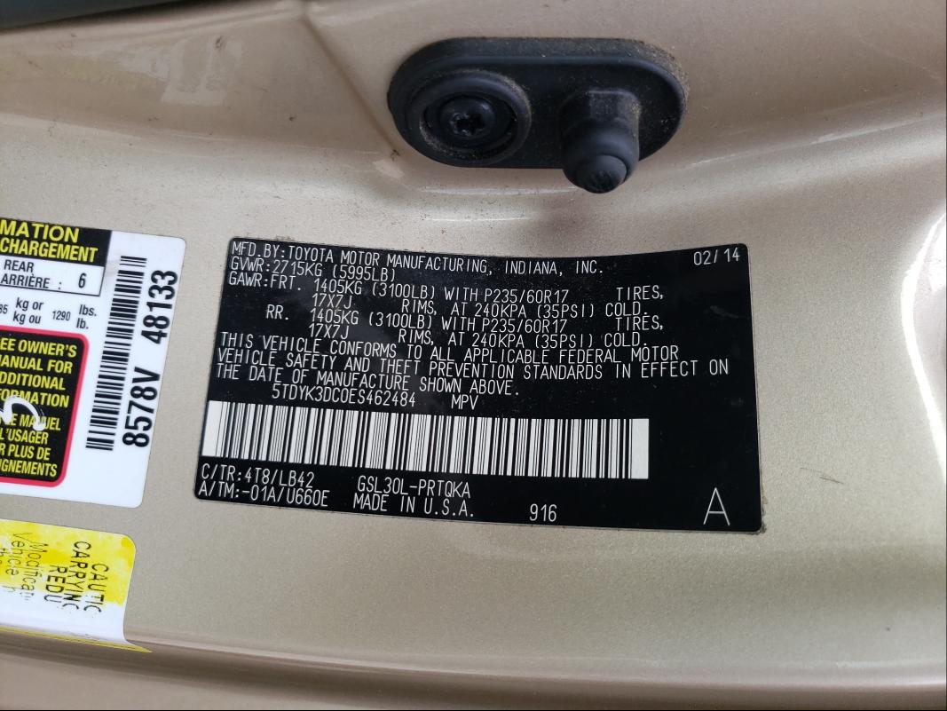 Photo 9 VIN: 5TDYK3DC0ES462484 - TOYOTA SIENNA XLE 