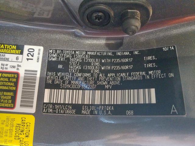 Photo 9 VIN: 5TDYK3DC0FS542207 - TOYOTA SIENNA XLE 