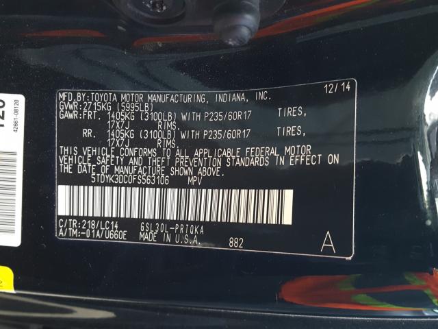 Photo 9 VIN: 5TDYK3DC0FS563106 - TOYOTA SIENNA XLE 