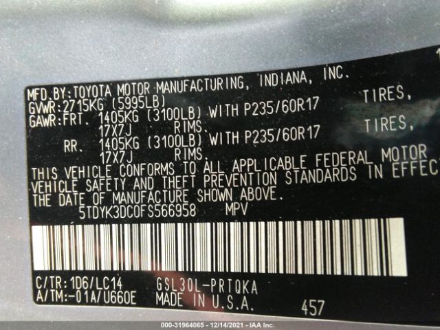 Photo 8 VIN: 5TDYK3DC0FS566958 - TOYOTA SIENNA 