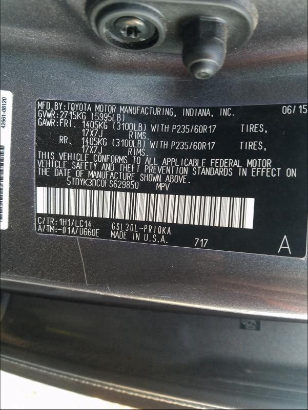 Photo 9 VIN: 5TDYK3DC0FS629850 - TOYOTA SIENNA XLE 