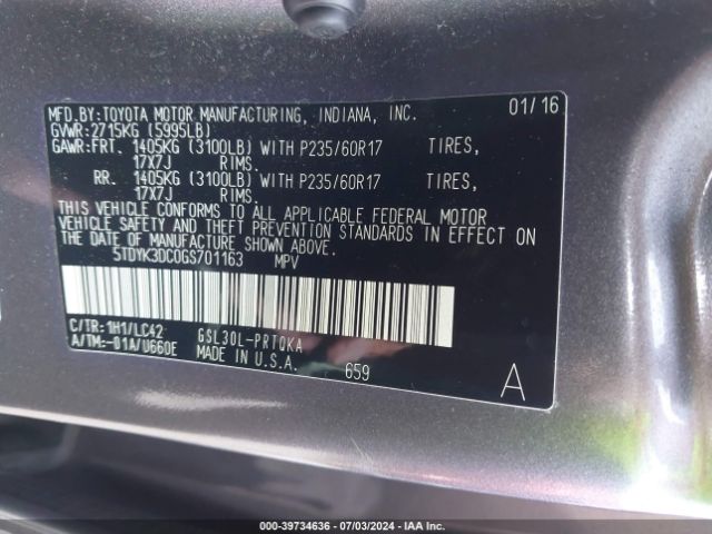 Photo 8 VIN: 5TDYK3DC0GS701163 - TOYOTA SIENNA 