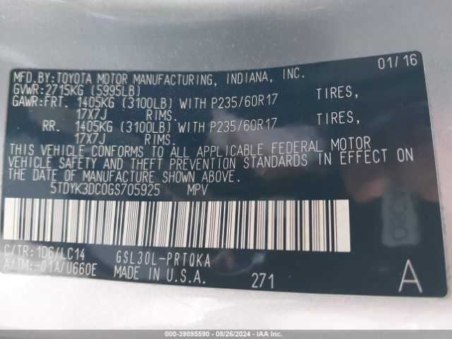 Photo 8 VIN: 5TDYK3DC0GS705925 - TOYOTA SIENNA 