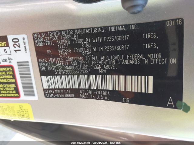 Photo 8 VIN: 5TDYK3DC0GS721381 - TOYOTA SIENNA 