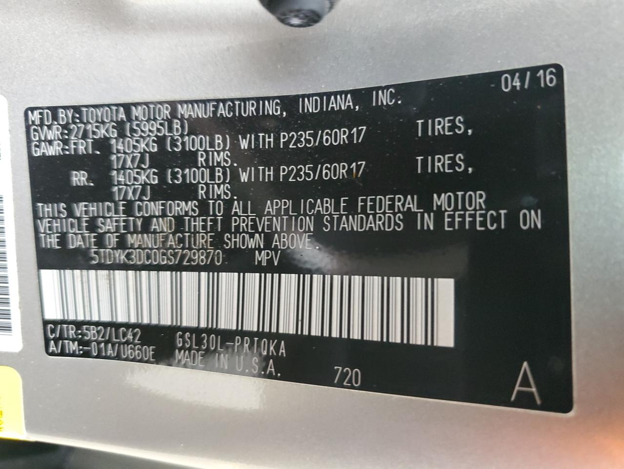 Photo 12 VIN: 5TDYK3DC0GS729870 - TOYOTA SIENNA 