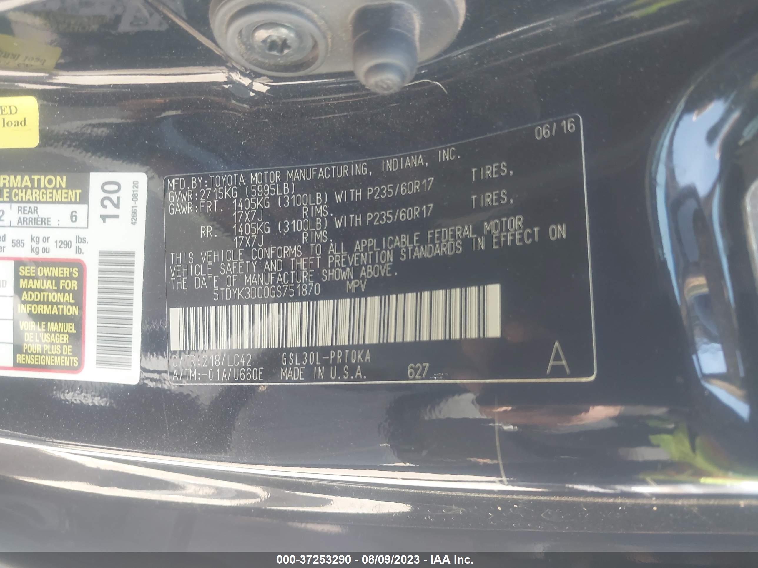 Photo 8 VIN: 5TDYK3DC0GS751870 - TOYOTA SIENNA 