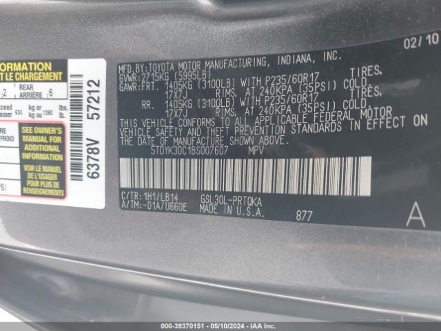 Photo 8 VIN: 5TDYK3DC1BS007607 - TOYOTA SIENNA 