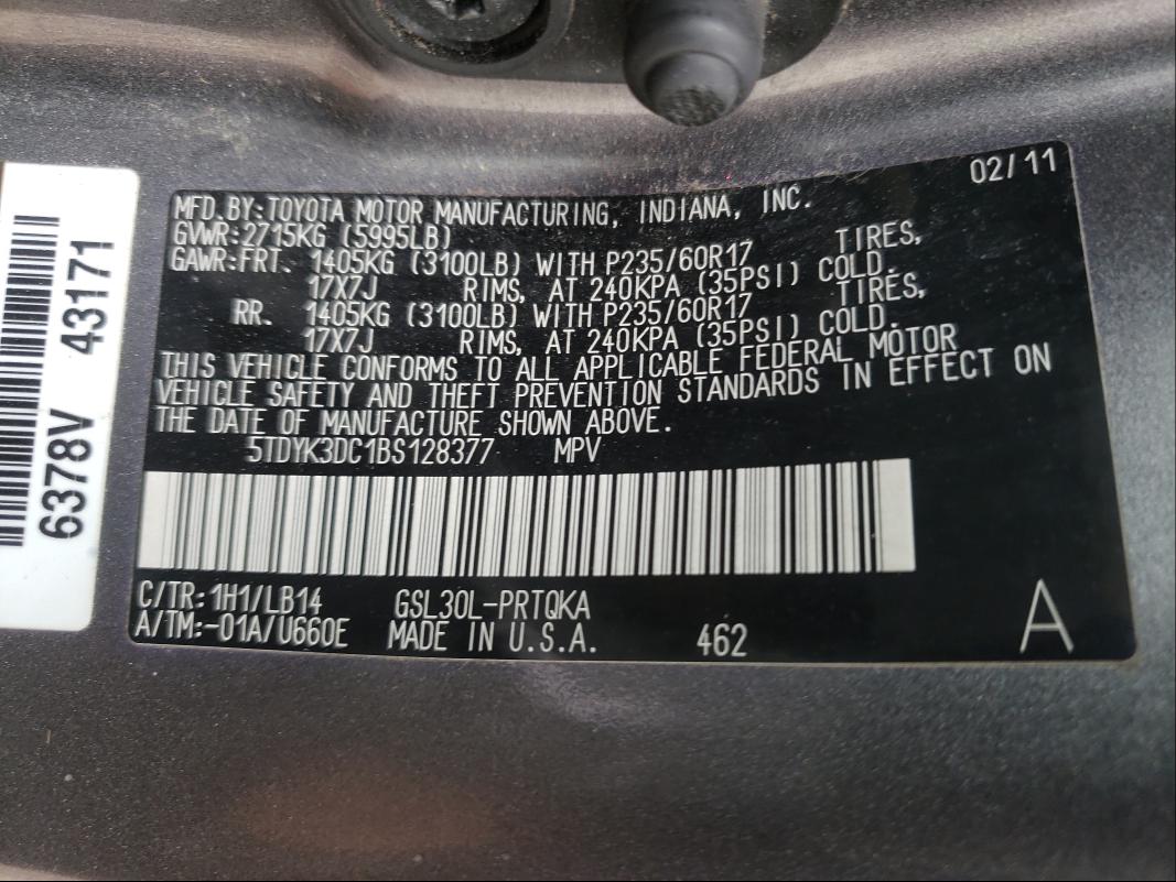 Photo 9 VIN: 5TDYK3DC1BS128377 - TOYOTA SIENNA XLE 