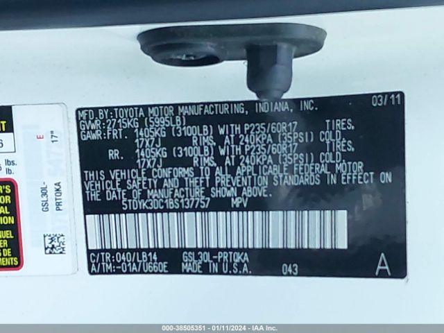 Photo 8 VIN: 5TDYK3DC1BS137757 - TOYOTA SIENNA 