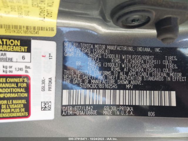 Photo 8 VIN: 5TDYK3DC1BS162545 - TOYOTA SIENNA 