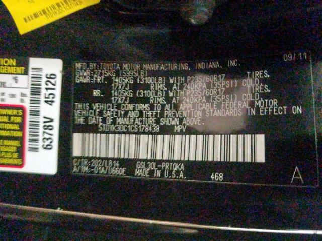 Photo 9 VIN: 5TDYK3DC1CS178438 - TOYOTA SIENNA XLE 