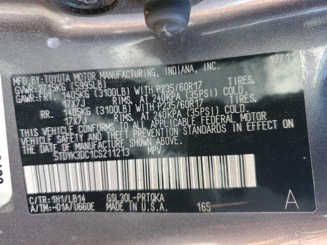 Photo 12 VIN: 5TDYK3DC1CS211213 - TOYOTA SIENNA XLE 