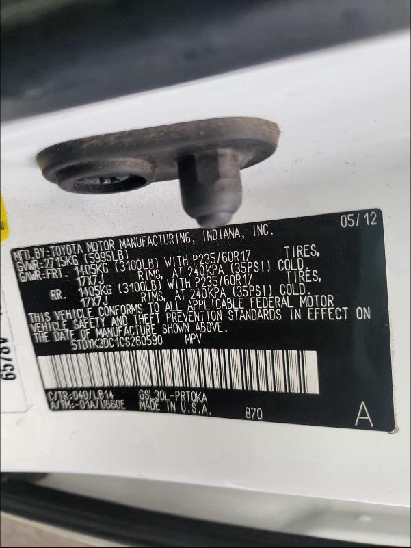 Photo 9 VIN: 5TDYK3DC1CS260590 - TOYOTA SIENNA XLE 