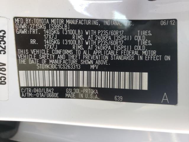 Photo 9 VIN: 5TDYK3DC1CS263313 - TOYOTA SIENNA XLE 