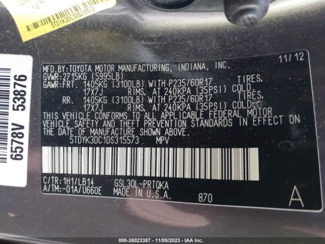 Photo 8 VIN: 5TDYK3DC1DS315573 - TOYOTA SIENNA 