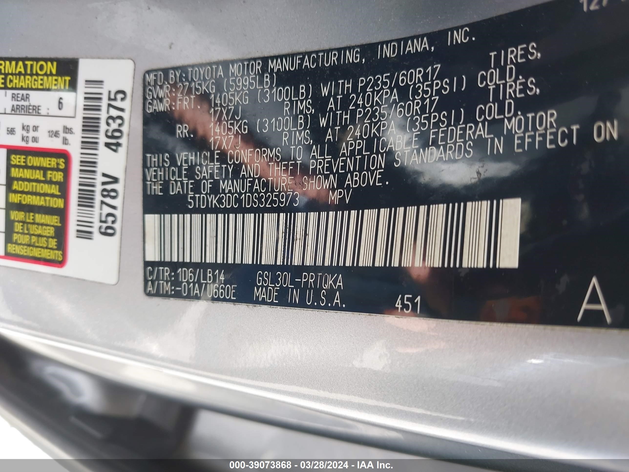 Photo 8 VIN: 5TDYK3DC1DS325973 - TOYOTA SIENNA 