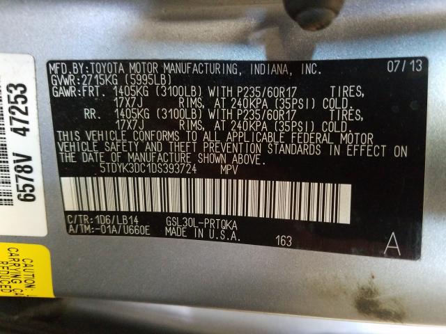 Photo 9 VIN: 5TDYK3DC1DS393724 - TOYOTA SIENNA XLE 