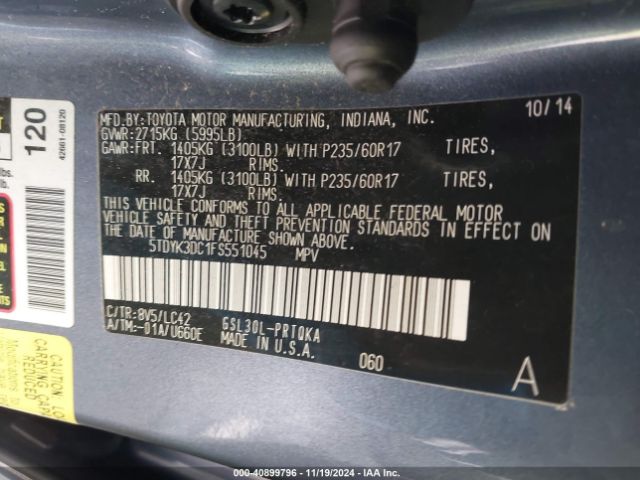 Photo 8 VIN: 5TDYK3DC1FS551045 - TOYOTA SIENNA 