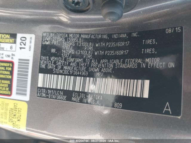 Photo 8 VIN: 5TDYK3DC1FS644969 - TOYOTA SIENNA 