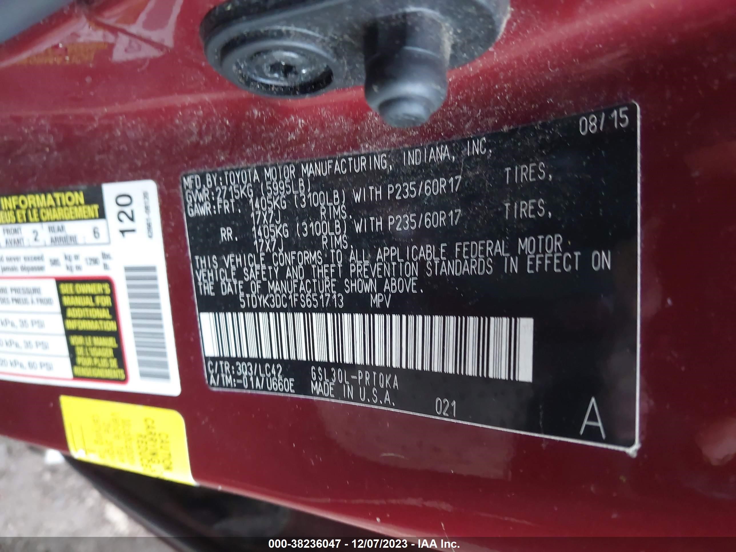 Photo 8 VIN: 5TDYK3DC1FS651713 - TOYOTA SIENNA 