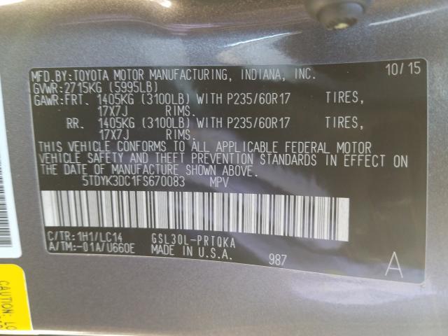 Photo 9 VIN: 5TDYK3DC1FS670083 - TOYOTA SIENNA XLE 