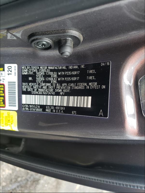 Photo 9 VIN: 5TDYK3DC1GS734740 - TOYOTA SIENNA XLE 