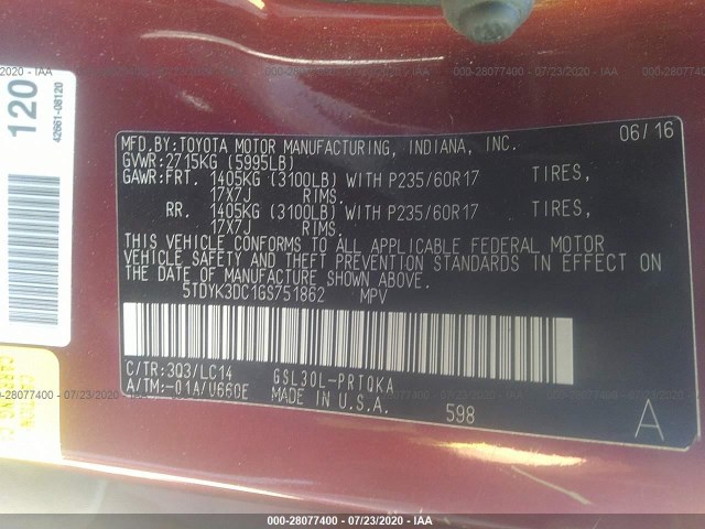 Photo 8 VIN: 5TDYK3DC1GS751862 - TOYOTA SIENNA 