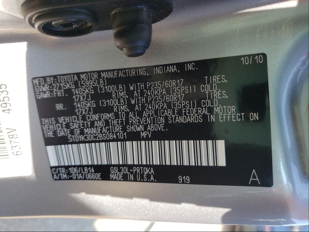 Photo 9 VIN: 5TDYK3DC2BS084101 - TOYOTA SIENNA XLE 