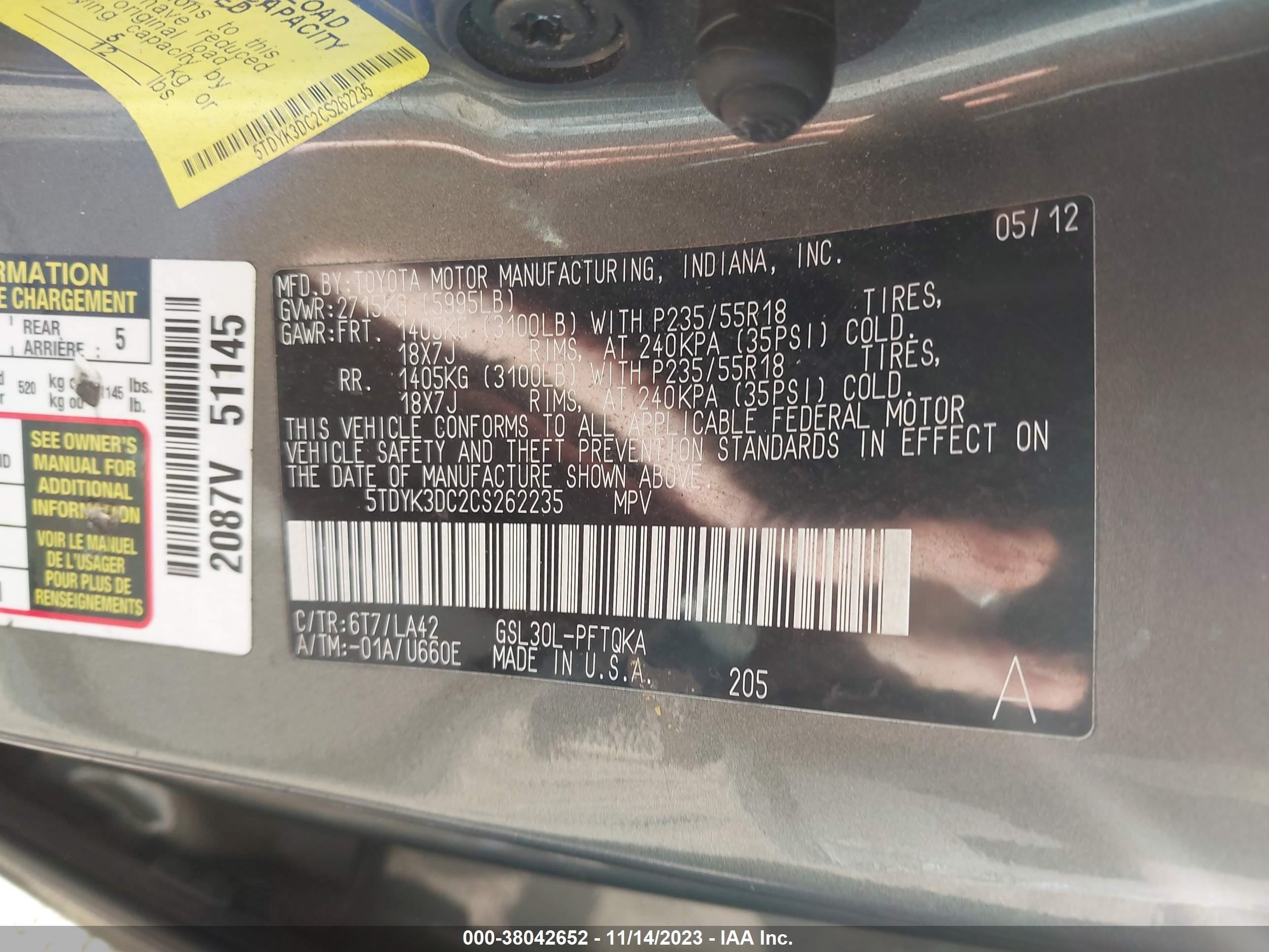 Photo 8 VIN: 5TDYK3DC2CS262235 - TOYOTA SIENNA 