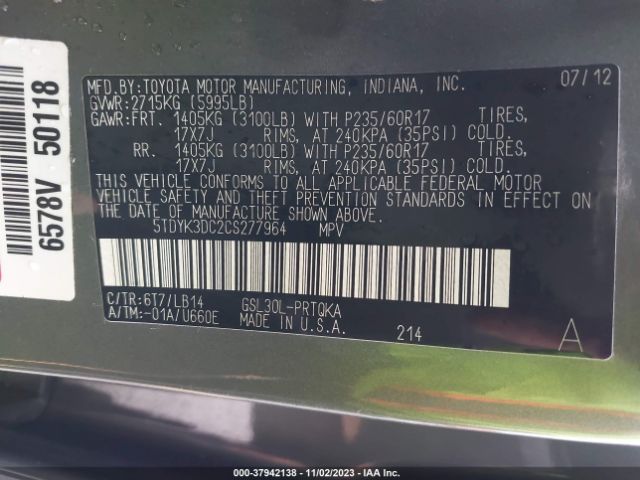 Photo 8 VIN: 5TDYK3DC2CS277964 - TOYOTA SIENNA 