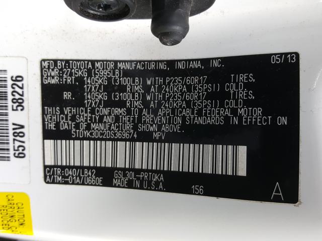 Photo 9 VIN: 5TDYK3DC2DS369674 - TOYOTA SIENNA XLE 