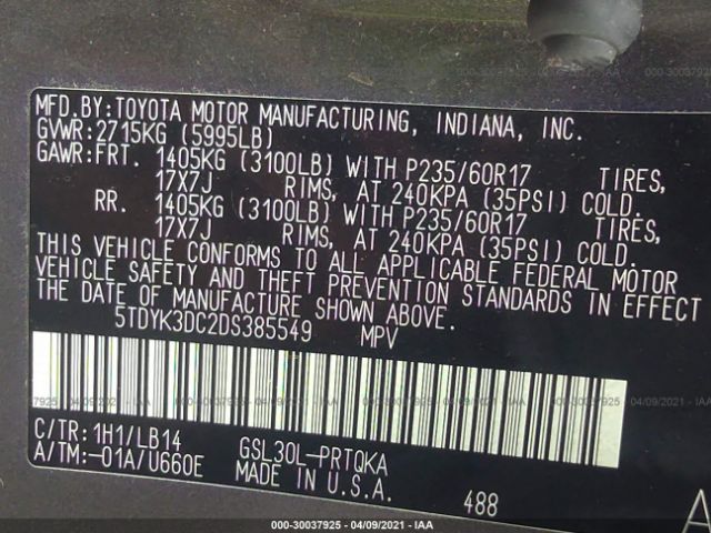 Photo 8 VIN: 5TDYK3DC2DS385549 - TOYOTA SIENNA 