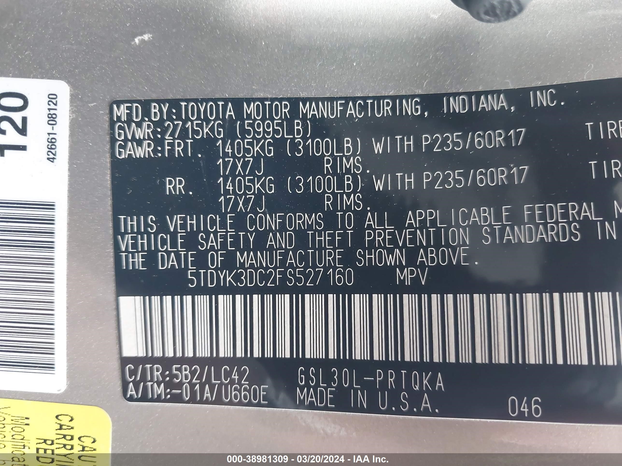 Photo 8 VIN: 5TDYK3DC2FS527160 - TOYOTA SIENNA XLE 