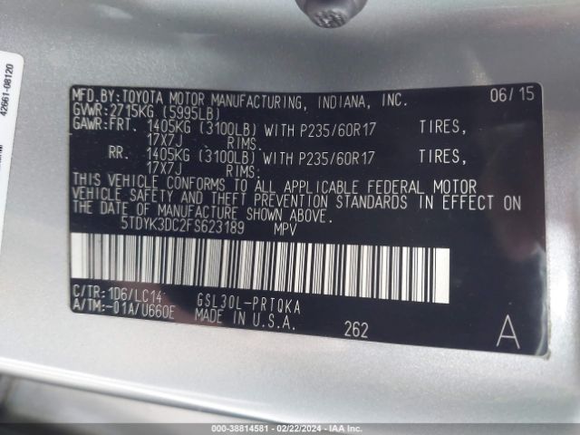 Photo 8 VIN: 5TDYK3DC2FS623189 - TOYOTA SIENNA 