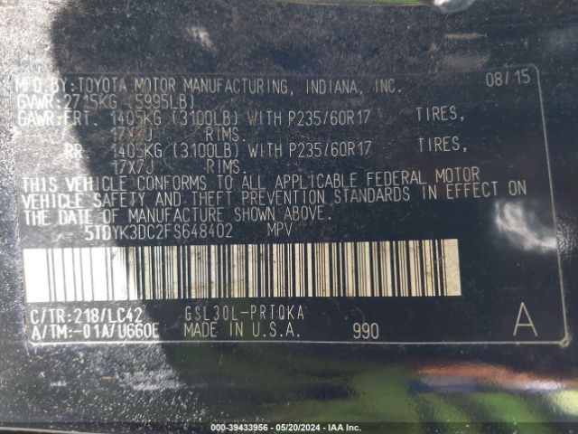 Photo 8 VIN: 5TDYK3DC2FS648402 - TOYOTA SIENNA 